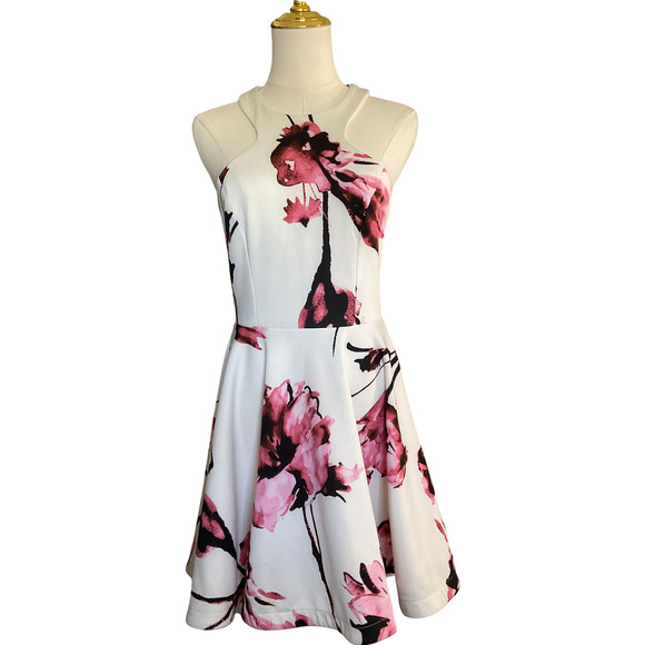 B. Darlin Womens Small White Pink Dress Floral Print Fit and Flare Halter Spring - Picture 1 of 10